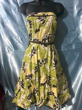 Vintage Strapless Green Floral Fit-and-Flare Dress 1990’s